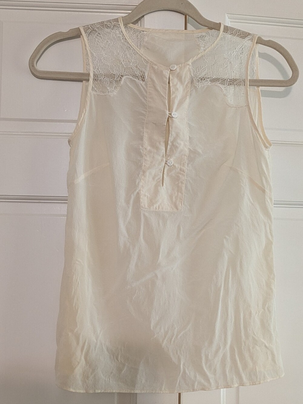 Sleeveless Cream Lace Yoke Blouse